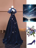 Elegant Navy Blue Sweetheart A-Line Velvet Long Prom Dresses Formal Evening Dresses HZ1108