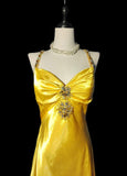 Elegant Bright Yellow V Neck Mermaid Satin Beading Long Prom Dresses Backless Formal Evening Gowns HZ1108