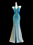 Glam Blue V-neck Mermaid Chiffon Beading Open Back Prom Dresses Formal Evening Gowns HZ1108