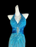 Glam Blue V-neck Mermaid Chiffon Beading Open Back Prom Dresses Formal Evening Gowns HZ1108