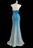 Glam Blue V-neck Mermaid Chiffon Beading Open Back Prom Dresses Formal Evening Gowns HZ1108