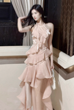 Sweet Peach Halter Neck A-Line Chiffon Layered Prom Dresses Fashion Birthday Evening Dress Gowns HZ1108
