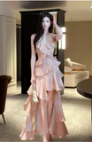 Sweet Peach Halter Neck A-Line Chiffon Layered Prom Dresses Fashion Birthday Evening Dress Gowns HZ1108