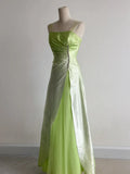 Fairytale Green Square Neck A-Line Satin Sequins Prom Dresses Vintage Tulle Party Dress HZ1108