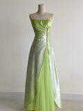 Fairytale Green Square Neck A-Line Satin Sequins Prom Dresses Vintage Tulle Party Dress HZ1108