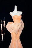 Gorgeous Orange Strapless Mermaid Tulle Prom Dresses Glam Bow Evening Gowns HZ1108