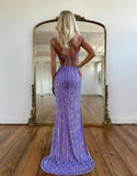 Fashion Purple Spaghetti Straps Sheath Sequin Beading Prom Dresses Formal Evening Gowns HZ1108