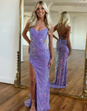 Fashion Purple Spaghetti Straps Sheath Sequin Beading Prom Dresses Formal Evening Gowns HZ1108