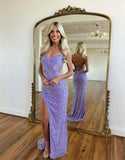 Fashion Purple Spaghetti Straps Sheath Sequin Beading Prom Dresses Formal Evening Gowns HZ1108
