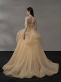Glitter Light Orange Spaghetti Straps A-Line Tulle Long Prom Dresses Gorgeous Wedding Dress with Rhinestones HZ1108