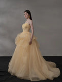 Glitter Light Orange Spaghetti Straps A-Line Tulle Long Prom Dresses Gorgeous Wedding Dress with Rhinestones HZ1108