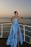 Fashion Blue Strapless A-Line Satin Prom Dresses Elegant Formal Evening Gowns HZ1108