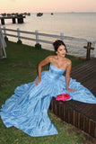 Fashion Blue Strapless A-Line Satin Prom Dresses Elegant Formal Evening Gowns HZ1108