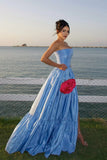 Fashion Blue Strapless A-Line Satin Prom Dresses Elegant Formal Evening Gowns HZ1108