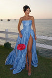 Fashion Blue Strapless A-Line Satin Prom Dresses Elegant Formal Evening Gowns HZ1108