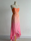 Fairytale Gradient Orange Pink Spaghetti Straps A-Line Chiffon Prom Dresses Y2K Evening Gowns HZ1108
