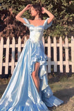 Stunning Sky Blue Sweetheart Neck A-Line Satin Prom Dresses Formal Evening Gowns with Slits HZ1108