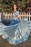Stunning Sky Blue Sweetheart Neck A-Line Satin Prom Dresses Formal Evening Gowns with Slits HZ1108