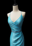 Elegant Blue Mermaid Taffeta V-neck Long Prom Dresses Formal Evening Gowns HZ1108