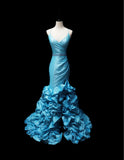 Elegant Blue Mermaid Taffeta V-neck Long Prom Dresses Formal Evening Gowns HZ1108