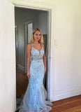 Elegant Gray Blue Spaghetti Straps Mermaid Tulle Long Prom Dresses Backless Applique Evening Gowns HZ1108