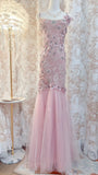 Sweet Pink Square Neck Mermaid Tulle Lace Long Prom Dresses Vintage Evening Dresses with Appliques HZ1108