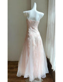 Cute Pink Spaghetti Straps A-Line Tulle Long Prom Dresses Birthday Evening Dress Gowns HZ1108