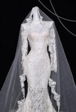 Elegant White Turtleneck Lace Beaded Mermaid Long Sleeve Trailing Wedding Dress HZ1108