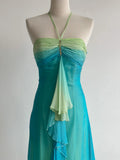 Gorgeous Gradient Turquoise Halter Neck Chiffon Sheath Prom Dresses Vintage Party Dress HZ1108