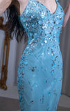 Elegant Blue Mermaid V Neck Satin Sequin Long Prom Dresses Formal Evening Gowns HZ1108