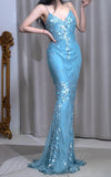 Elegant Blue Mermaid V Neck Satin Sequin Long Prom Dresses Formal Evening Gowns HZ1108