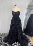 Shiny Black Strapless A-Line Sequin Slit Long Prom Dresses Formal Evening Gowns HZ1108