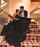 Shiny Black Strapless A-Line Sequin Slit Long Prom Dresses Formal Evening Gowns HZ1108
