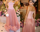 Elegant Pink Strapless A-Line Tulle Long Prom Dresses Formal Evening Gowns HZ1108
