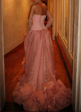 Elegant Pink Strapless A-Line Tulle Long Prom Dresses Formal Evening Gowns HZ1108