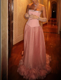 Elegant Pink Strapless A-Line Tulle Long Prom Dresses Formal Evening Gowns HZ1108
