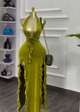 Glam Olive Green Deep V Neck Bodycon Party Dress Sexy Satin Slit Evening Gowns HZ1108