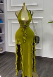 Glam Olive Green Deep V Neck Bodycon Party Dress Sexy Satin Slit Evening Gowns HZ1108