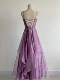 Elegant Purple Spaghetti Straps A-Line Tulle Long Prom Dresses Gothic Formal Evening Gowns HZ1108
