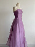 Elegant Purple Spaghetti Straps A-Line Tulle Long Prom Dresses Gothic Formal Evening Gowns HZ1108