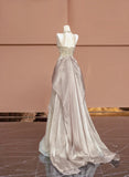 Gorgeous Champagne V-neck A-Line Beaded Tulle Long Prom Dresses Formal Evening Gowns HZ1108