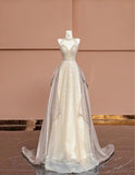 Gorgeous Champagne V-neck A-Line Beaded Tulle Long Prom Dresses Formal Evening Gowns HZ1108