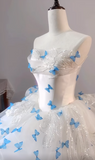 Fairytale White Strapless Tulle A-Line Train Wedding Dress with 3D Butterflies HZ1108