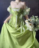 Sweet Green Off Shoulder A-Line Satin Long Prom Dresses Formal Evening Gowns HZ1108