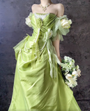 Sweet Green Off Shoulder A-Line Satin Long Prom Dresses Formal Evening Gowns HZ1108