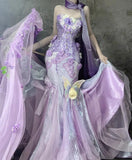 Gorgeous Purple Strapless Mermaid Tulle Applique Long Prom Dresses Sweet 16 Evening Gowns HZ1108