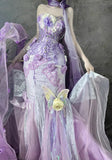 Gorgeous Purple Strapless Mermaid Tulle Applique Long Prom Dresses Sweet 16 Evening Gowns HZ1108