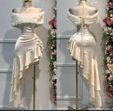 Sexy Light Champagne Off-the-shoulder Bodycon Satin Ruffle Short Prom Dresses Homecoming Dresses HZ1108