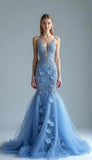 Elegant Blue Deep V Neck Tulle Mermaid Applique Long Prom Dresses Formal Evening Dress HZ1108