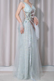 Stunning Light Green V-Neck Tulle A-Line Lace Sequins Prom Dresses Formal Backless Evening Gowns HZ1108